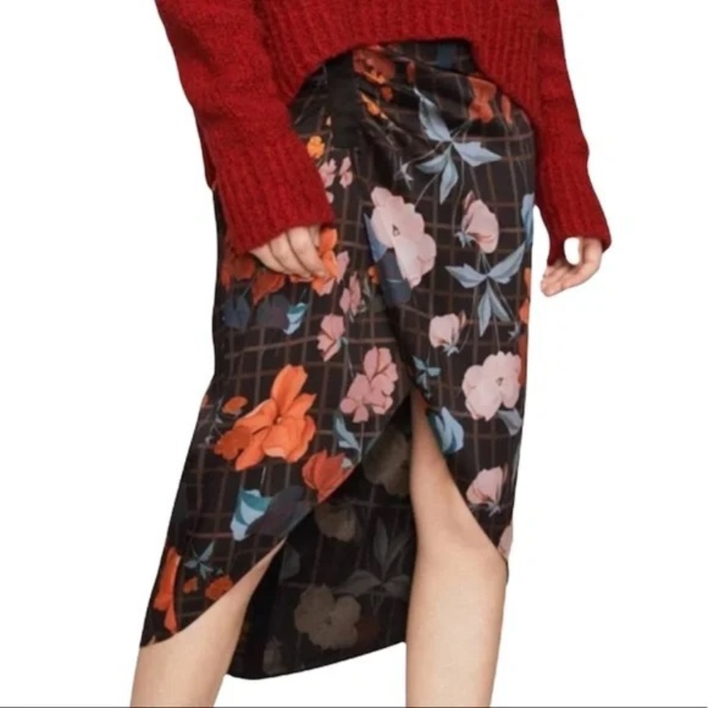 MANGO MNG Suit Plaid Floral Draped Midi Skirt Black Burnt Orange